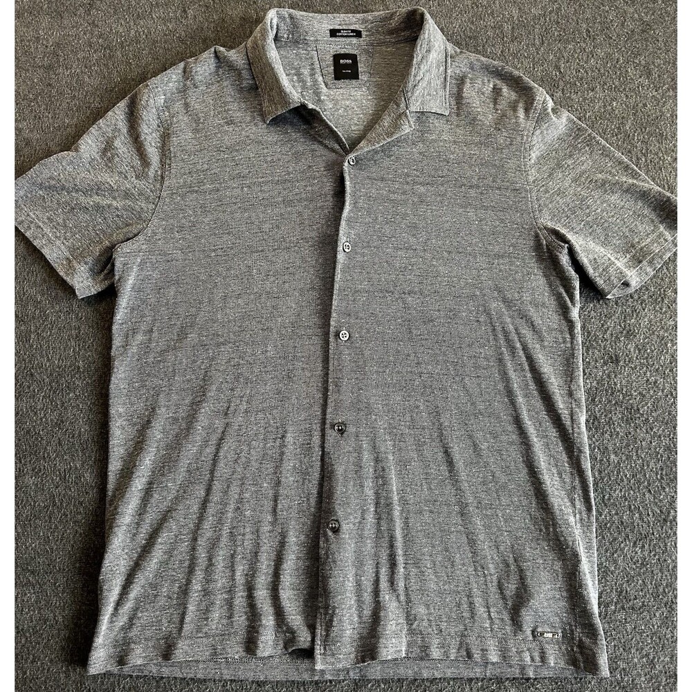 BOSS Hugo Boss Men's Size S Gray Short Sleeve Shirt Slim Fit Cotton Linen Blend
